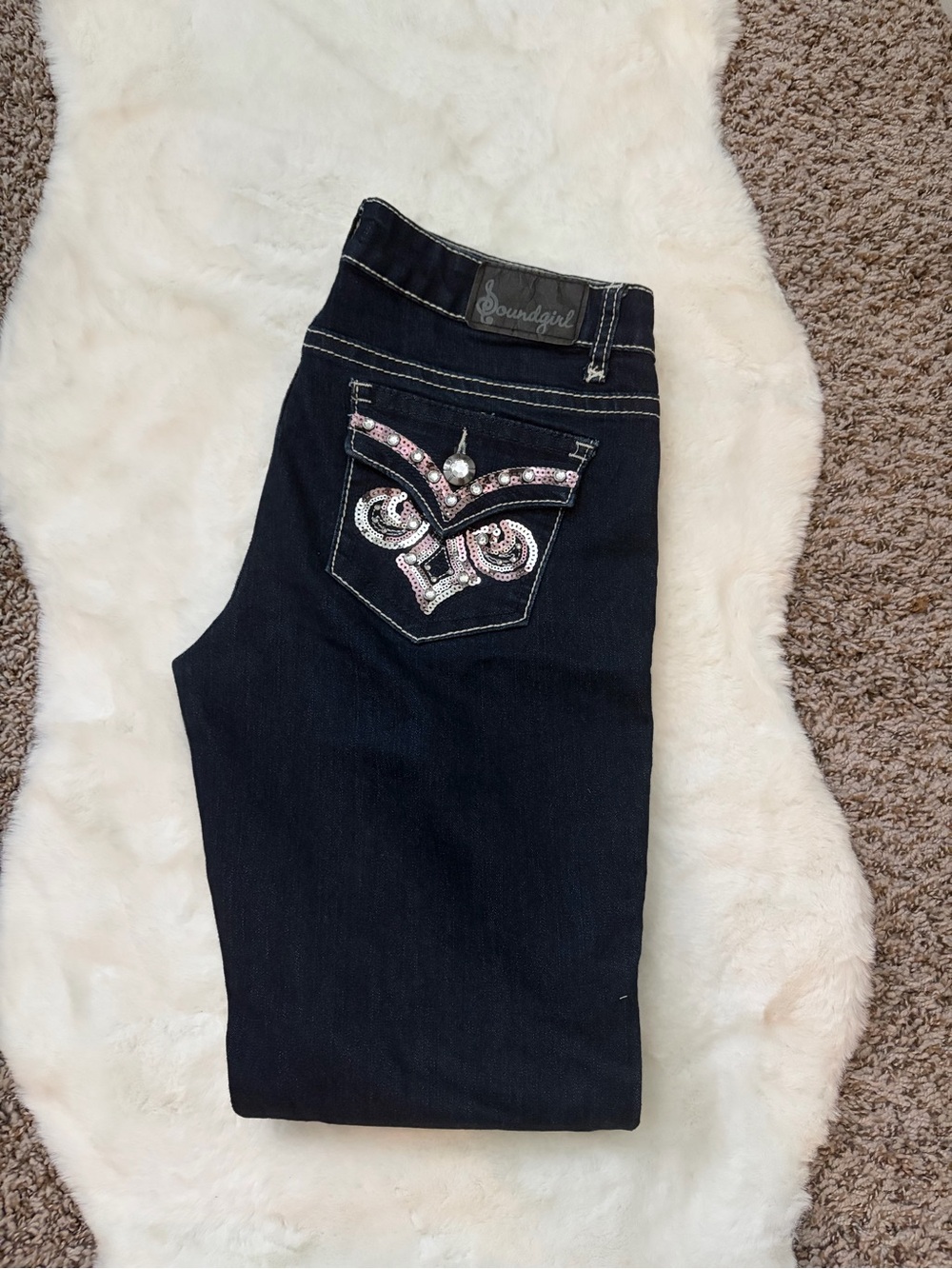 Soundgirl Women's Dark Blue Jeans with Pink & Silver Sequin Pocket
